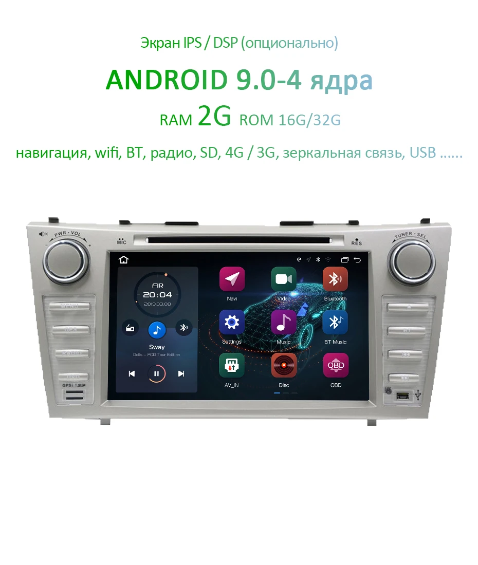DSP ips Android 9,0 4G 64G AV выход 2 DIN DVD плеер для Toyota Camry 2007 2008 2009 2010 gps Радио Стерео навигация экран ПК