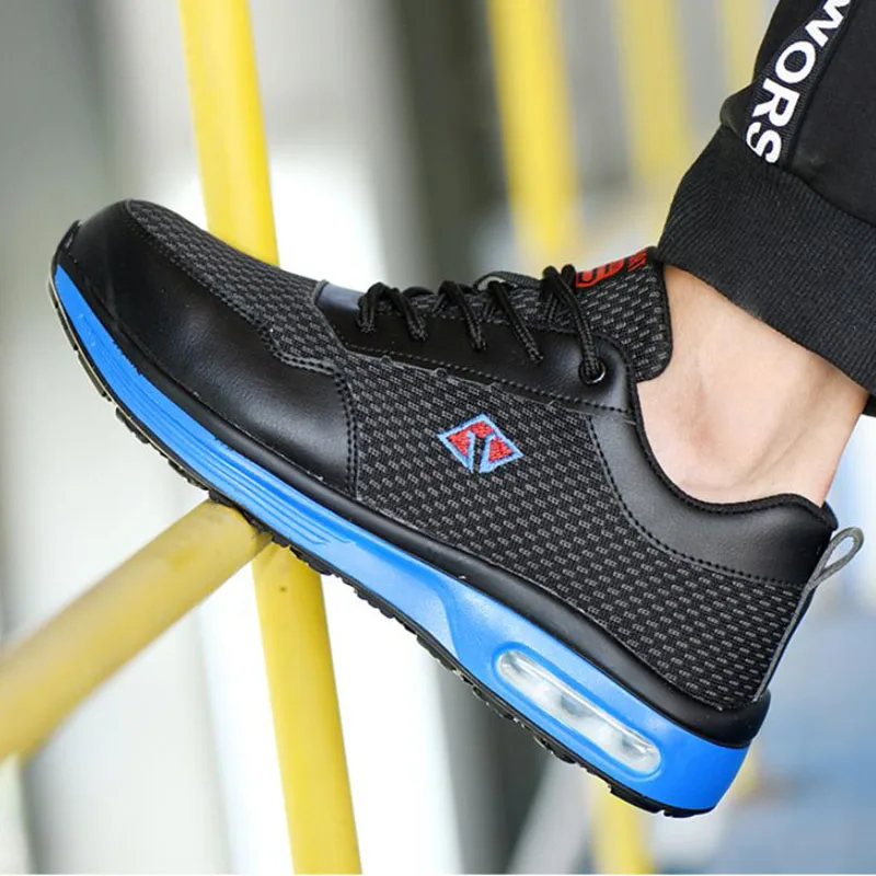 Online Zapatillas de deporte para hombre, zapatos de seguridad con almohadón de aire, zapatos deportivos de malla con punta de acero y antigolpes para hombre