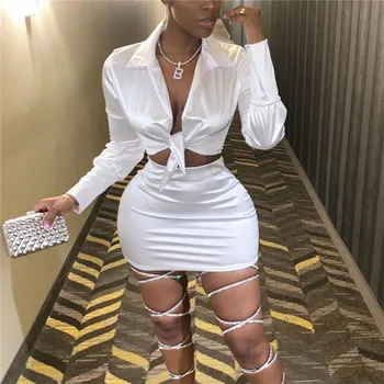 

2PCS Sexy Outfits for Women Open Front Tie Knot Solid color Bag Hip Skirt Solid Color Skirts Sets