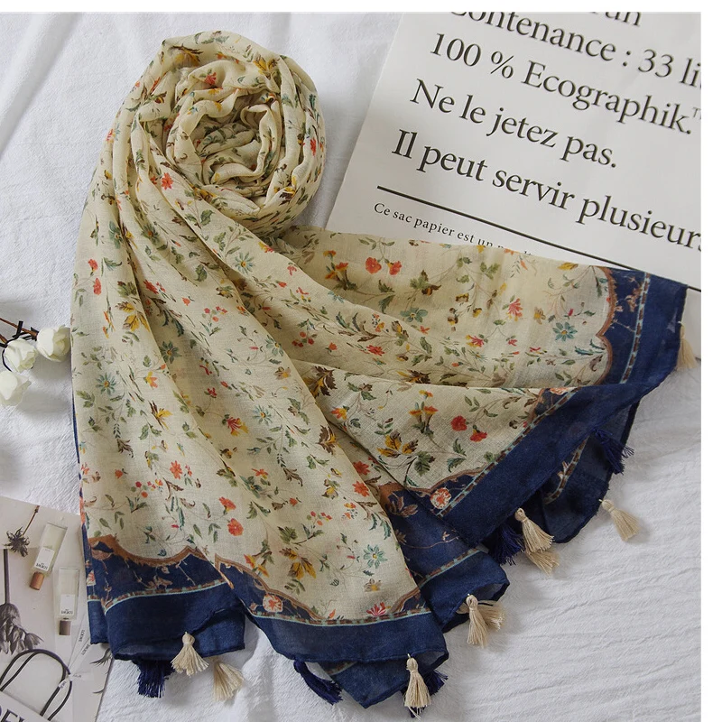 

Women Cotton Soft Scarf Twill Totem Pattern Long Shawl Female Large Wrap Brand Pashmina Large Blanket Tassel For Office Lady