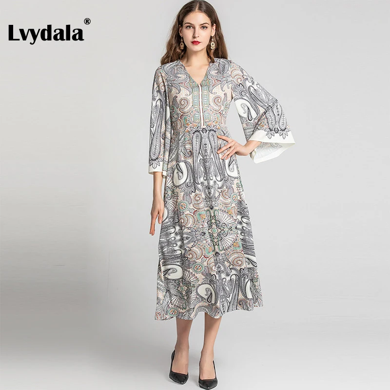 Lvydala, модное дизайнерское платье, весна-лето, женское платье с v-образным вырезом и расклешенными рукавами, винтажное платье с принтом