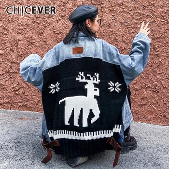 

CHICEVER Korean Patchwork PU Leather Hit Color Denim Jacket Women Lapel Collar Long Sleeve Oversize Coat Female 2020 New Clothes