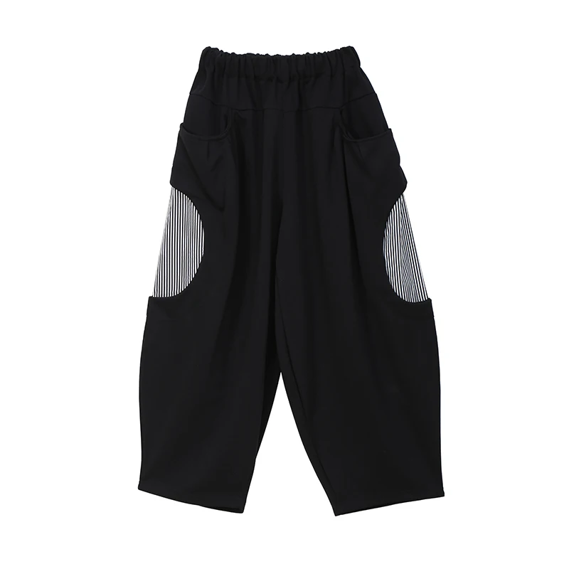Black 5675 New Women Long Black Wide Legs Pants Korean Style Hollowed With Striped Part Lady Unique Casual Loose Pants Trousers 5675 - Color: Black 5675