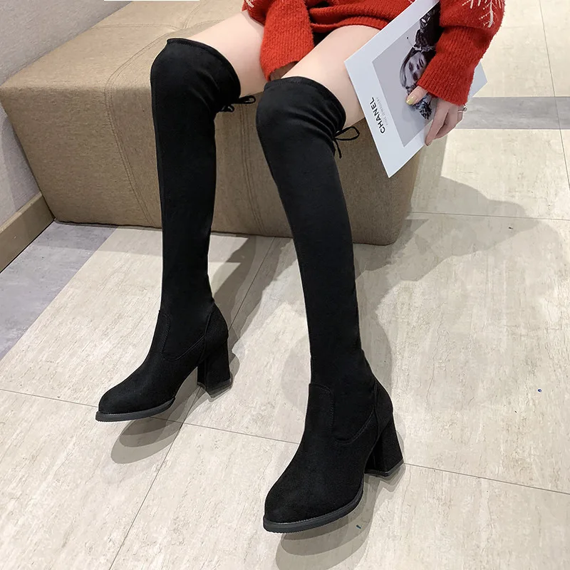 

Boots over-the-Knee Boots shi shang xue Women's 2019 High-Heel New Style Versatile Hose Chunky-Heel Autumn & Winter Bootie Sol