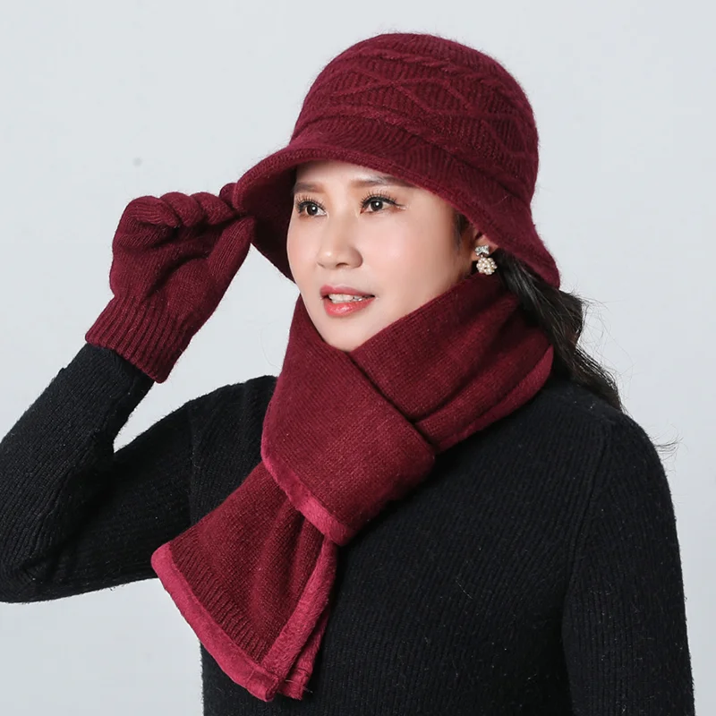 SUOGRY New Women's Knitted Hat Female Solid Color Scarf gloves And Hat Set Winter Rabbit Thick Fur Warm Beanies Ms. Middle Caps