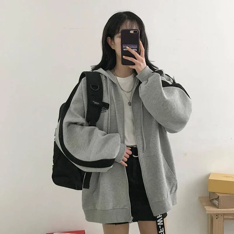 Мода Harajuku панк Осень зимний женский с капюшоном Толстовка с длинным рукавом Повседневная Свободная молния флис толстовки спортивный костюм женский