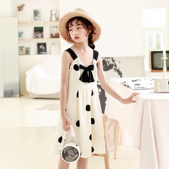 

YourSeason 6 to 16 Years Girls 2020 Summer Chiffon Loose Dress Printed Dot Baby Princess Bow Cute Suspenders Dresses V-neck