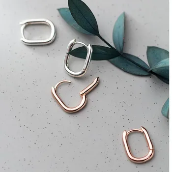 

925 Sterling Silver Geometric Oval Shape Huggie Hoops Earrings Trendy Rose Gold Color Plated Ear Earings Brincos for Women