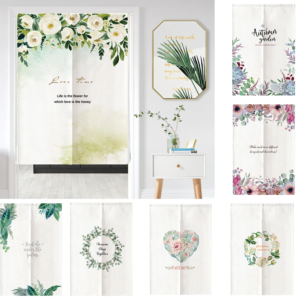 Japanese Noren Door Curtain Nordic Flower Green Plants Kitchen Bedroom Entrance Partition Decor Fengshui Half Curtains | Дом и сад