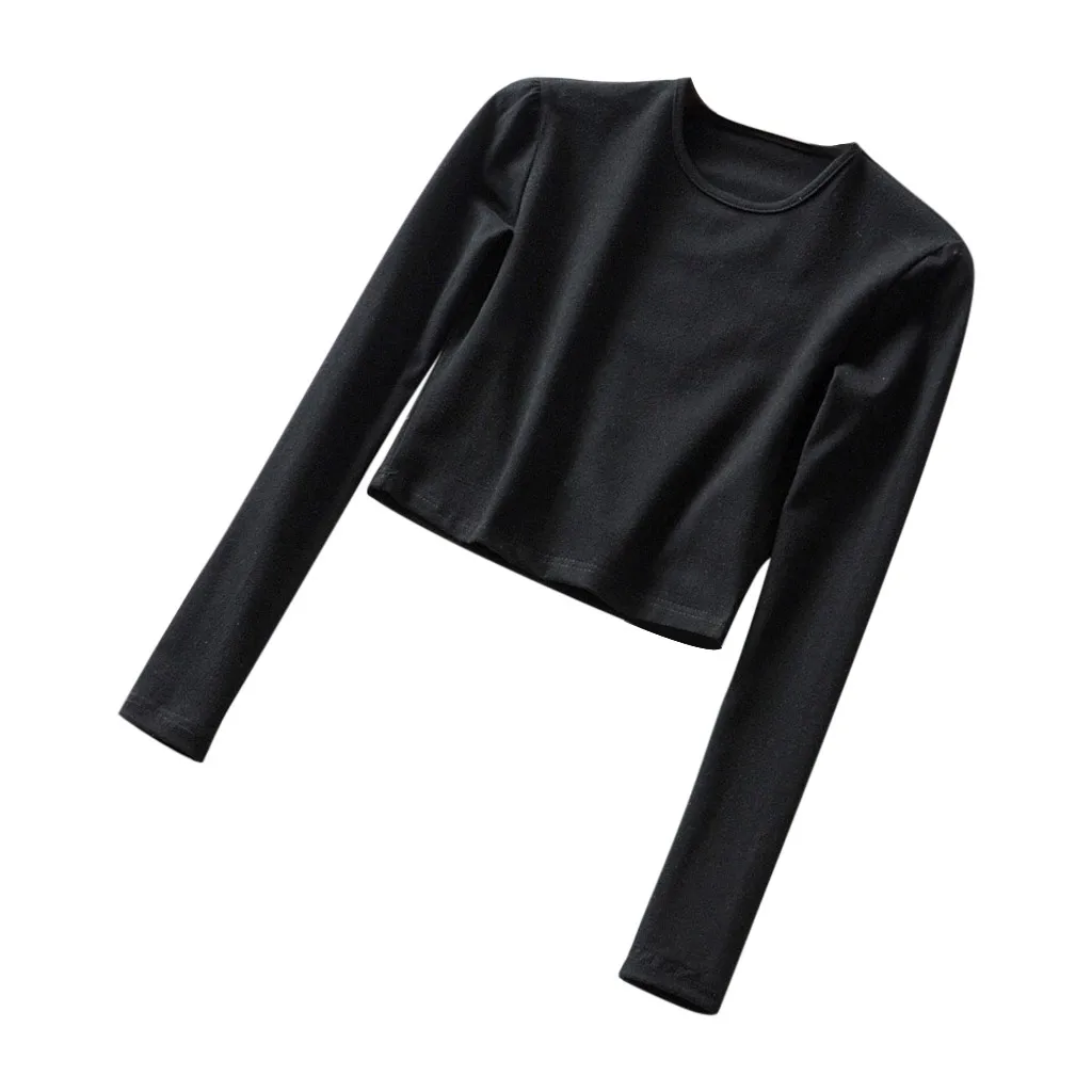 

Fashion Women Blouses And Shirts Warm Solid O-Neck Shirt Long Sleeve Blouse Short Sports Casual Elastic Back Top Camisas Mujer