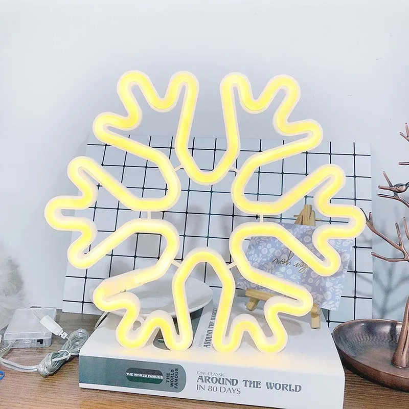 New Modern LED Neon Sign Snowflake Shaped Emulsion USB Battery Night Light Decorative Table Lamp Home Party Living Room Decor
