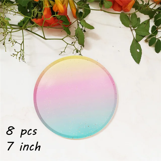 1set Disposable Tableware Rainbow Color Round Flat Paper Cup Paper Towel Party Supplies Birthday Wedding Party Decoration Rainbow disk 7inch
