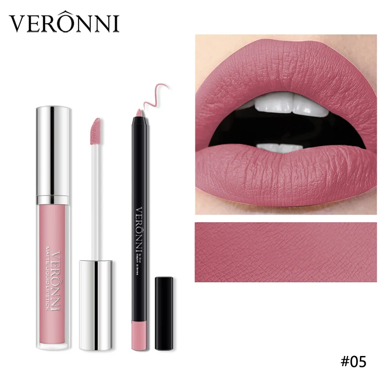 05 VERONNI Matte Lipgloss Sexy Liquid Lip Gloss with Lipliner Long Lasting Waterproof Cosmetic Beauty Keep 24 Hours Makeup lipgloss - Цвет: 05