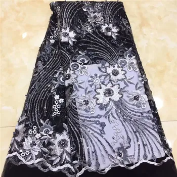 

New African beads Lace Fabric High Quality Sequins Ghana Lace Fabric Stretch black Lace For Nigerian Evening Party Dress Sew