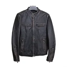 Винтажная Черная Мужская облегающая Байкерская кожаная куртка размера плюс XXXXL из натуральной воловьей кожи американского стиля мотоциклетная кожаная куртка