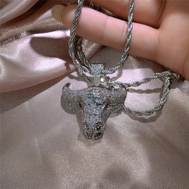 2021 Creative Bull Head Pendant Necklace for Male Fashion Hip Hop Iced Out Bling CZ Pendant Necklace Men Gift Jewelry
