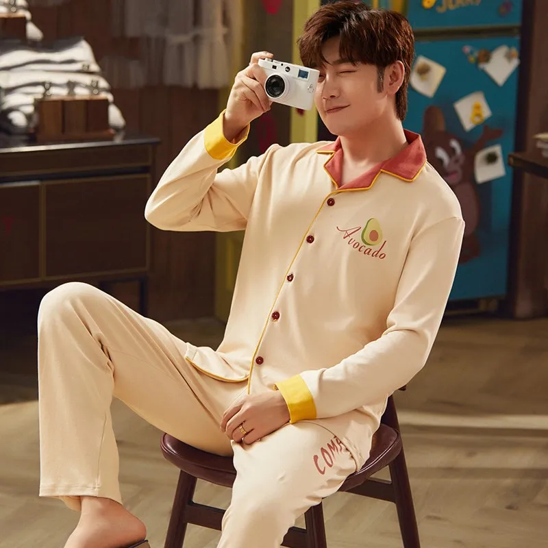 

Autumn New Sleepwear Male Negligee Sets Sleepwear Cotton Men Printed Shirt&Pants Home Wear Oversized Pajamas Suit Loose Pyjamas