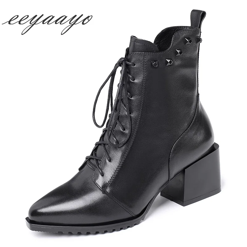 

2019 New Genuine Leather Winter Women Ankle Boots High Heel Pointed Toe Lace-Up Casual Women Shoes Black Short Martens Footwear