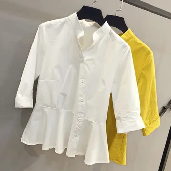 

Women Blouse Large Size Stand Collar Half Sleeve Shirt 2019 New Irregular button Up Elegant Lady Shirt