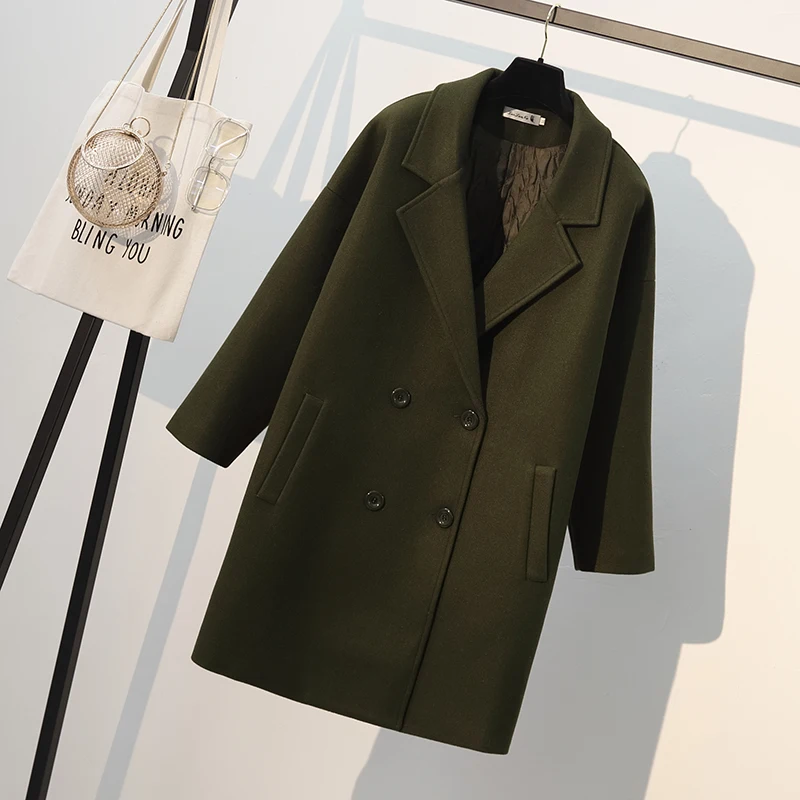 Lucyever размера плюс, Женское зимнее шерстяное пальто, толстый хлопок, корейский стиль, двубортное, свободное, длинное пальто, модное, Abrigos Mujer Invierno - Цвет: Армейский зеленый