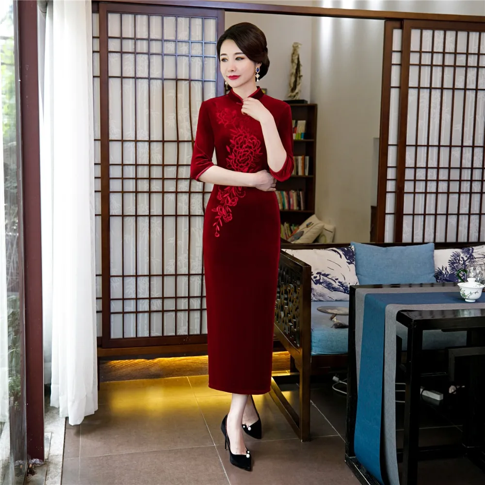 Шанхай история 3 цвета традиционное китайское платье бархат Cheongsam 3/4 рукав цветок вышивка Qipao платья женские винтажные платья