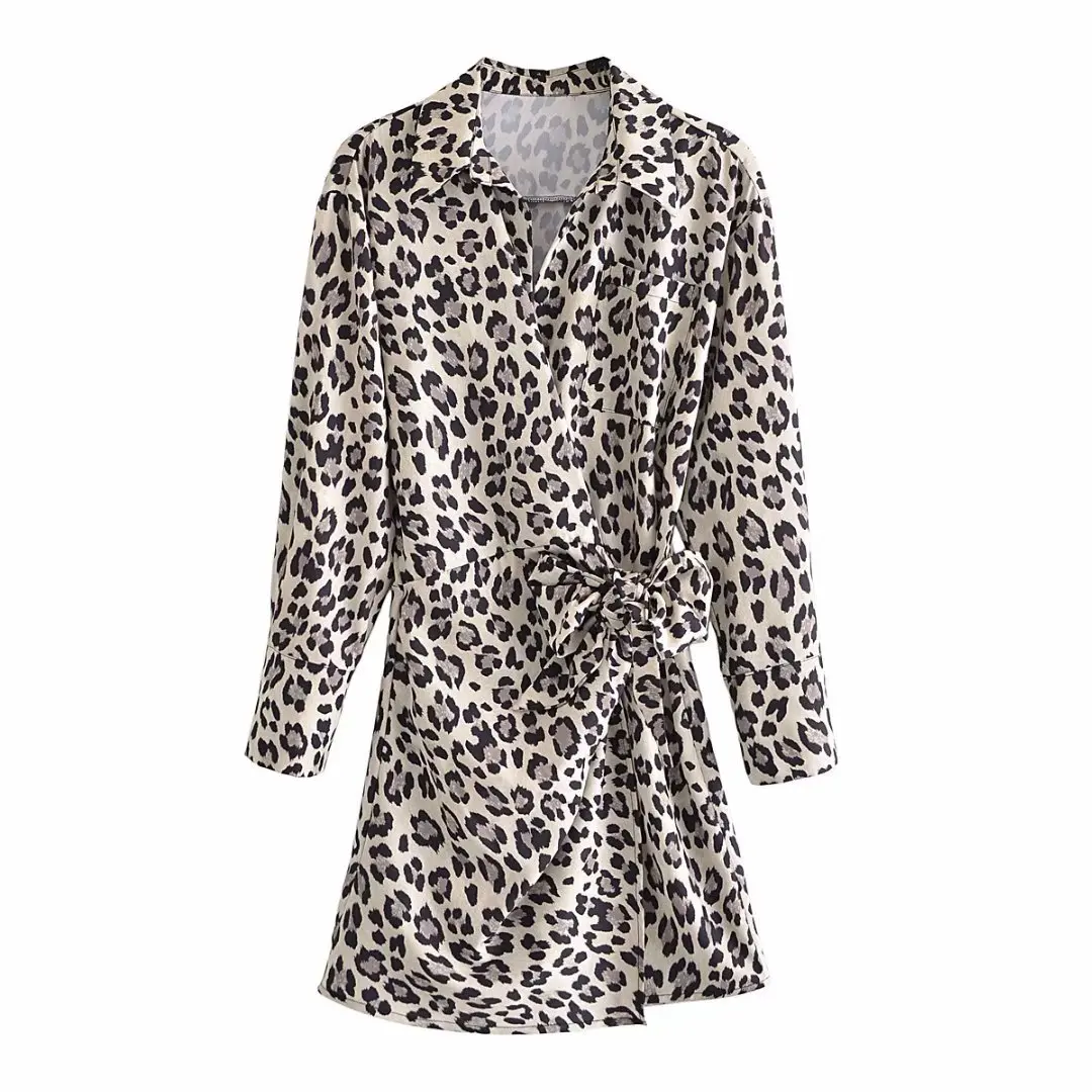 New Women Vintage Leopard Print Side Bow Tied Kimono Mini Dress Lady Chic Pocket Patch Casual Slim Party Vestidos | Женская одежда