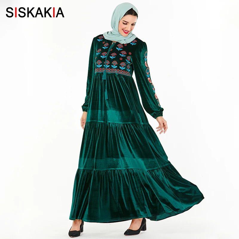green dress Siskakia вельветовое длинное платье с вышивкой элегантное женское модное Плиссированное лоскутное Драпированное Платье макси с длинным рукавом мусульманская одежда - Цвет: green dress