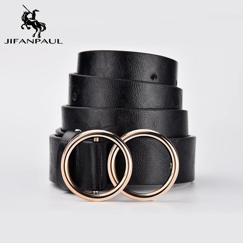 

JIFANPAUL Genuine leather Women's alloy double ring buckle fashion adjustable belt retro punk ladies dress jeans student belts