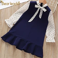 Bear Leader Girls Dress Navy Style Dress Spring Long Sleeve Puff Sleeve Princess Dresses Solid Children Dress Toddler Dresses