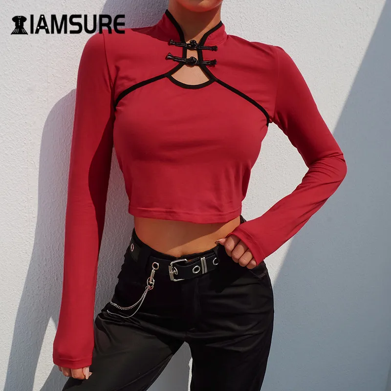 

IAMSURE Sexy Hollow Out Tee Shirt For Women Chinese Style Slim Outfits Crop Top 2020 Autumn Streetwear Long Sleeve Female Tops