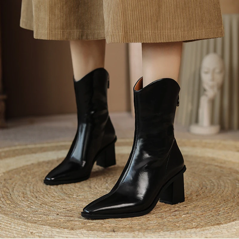 

2021 New Brand Designer Women Ankle Boot Genuine Leather Lady Winter High-heeled Mid-Calf Boots Fashion Chic Female Modern Boots