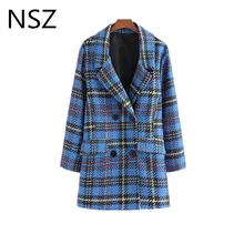 NSZ женское синее клетчатое шерстяное пальто с лацканами длинный твидовый пиджак с длинным рукавом двубортное модное шерстяное пальто