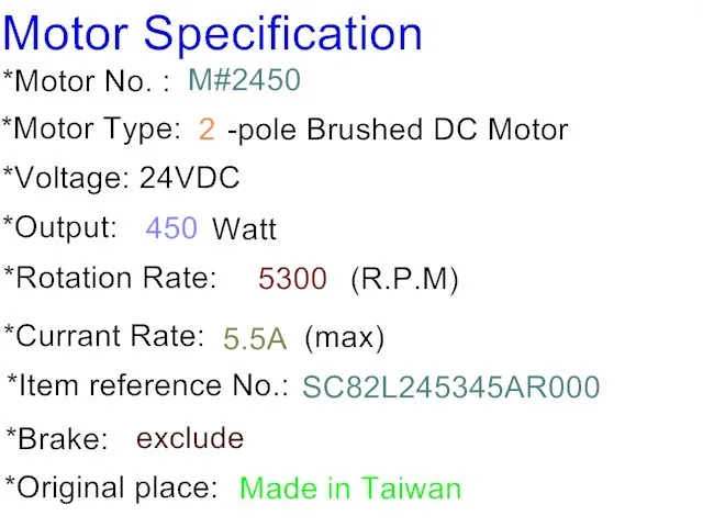 Shoprider 889 Motor 24V DC 450W 5300rpm 2-pole Brushed for electric handicapped mobility scooter parts