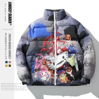 

Lindsey Seader Hip Hop Jacket Parka Colorful Cartoon Kitty Streetwear Men Windbreaker Harajuku Winter Jacket Coat Warm Outwear