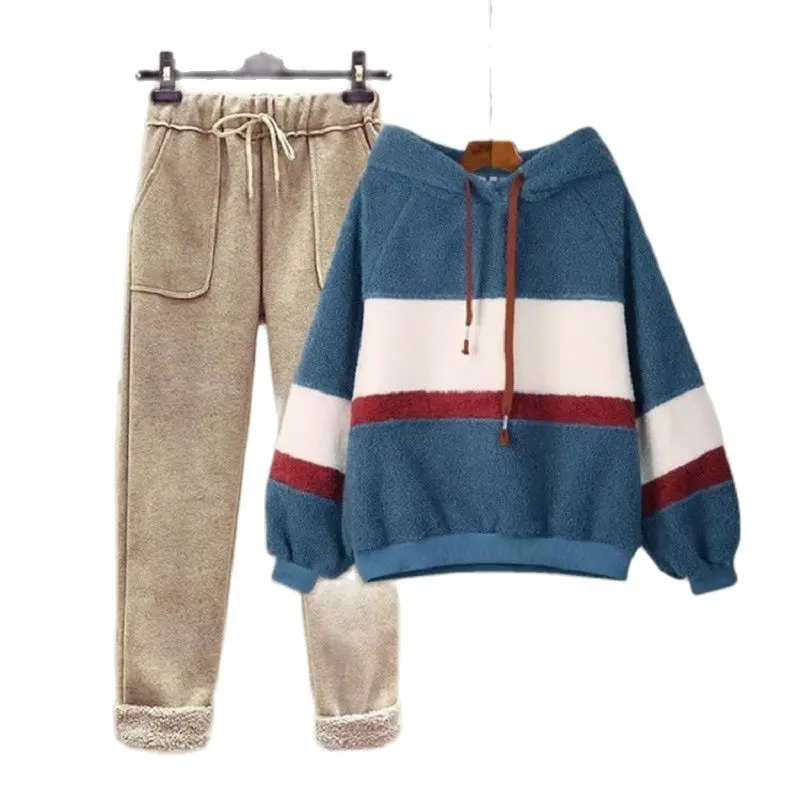 2 Piece Set Women Fashion 2021 New Winter Plus Velvet Imitation Lamb Wool Sweater Loose Color Matching Trousers Suit |