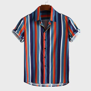 

Men's Breathable Stripe Summer Short Sleeve Loose Buttons Casual Shirt Blouse Plus Size hawaiian camisa social masculina shirts