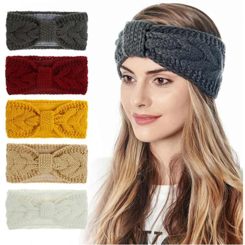 Модные зимние шерстяные вязаные теплые женские повязки на голову с бантом и