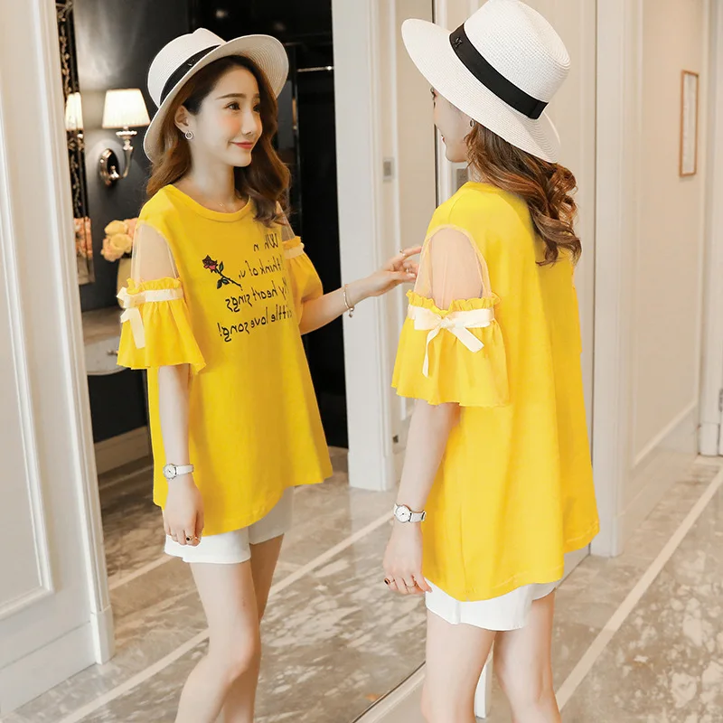 

2019 New Style Pregnant Women Short Sleeve Set Korean-style Bow wang sha xiu Pregnant WOMEN'S T-shirt + Abdominal Support Shorts