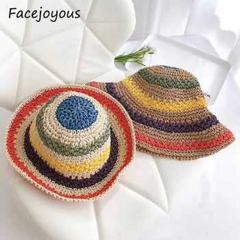 

Summer Girls Travel Shade Rainbow Hat Floppy Straw Hat Mother And Daughter Wide Brim Beach Foldable Straw Sun Hat Sun Cap