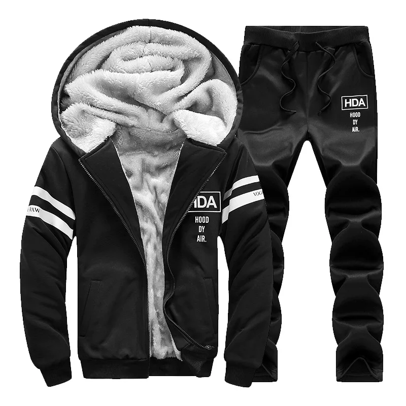 Теплая Флисовая Мужская куртка, зимний толстый спортивный костюм с капюшоном, мужская спортивная одежда, повседневные пальто, комплект из 2 предметов, верхняя одежда, куртка-бомбер на молнии для мужчин - Цвет: EM074 Black