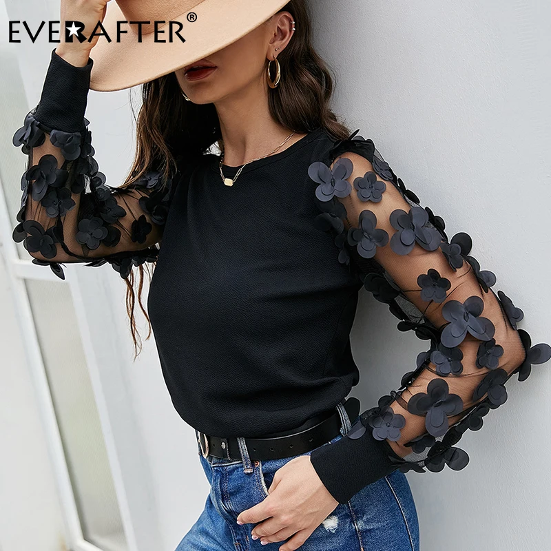 EVERAFTER Chic Mesh Blouse Chiffon O-neck Long Sleeve Tops Shirts Fashion Transparent Autumn Black Shirt Female Blusas | Женская одежда