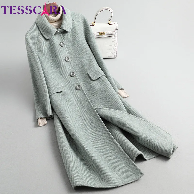 Light Green TESSCARA женские зимние длинные элегантный шерстяной смесь простая куртка-пальто женские высококачественные повседневные Кашемировые Куртки Верхняя одежда и пальто - Цвет: Light Green