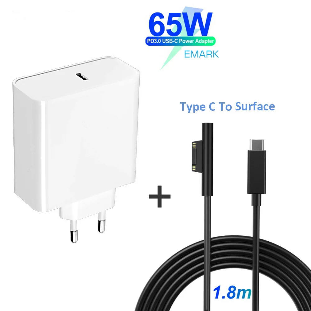 PD USB Type C Charger for Microsoft Surface Pro 6/5/4/3 Go Book Tablet Compatible 15V/12V 4A 3A 2.58A 65W 44W PD Charging Cable