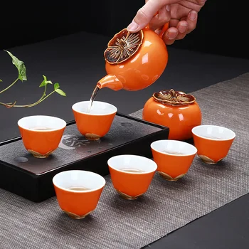 

Creative Red glaze Porcelain Tea Set Include 6 cups 1 tea pot,Persimmon Model Kung Fu Ceramic Exquisite Tea Cup drinkware