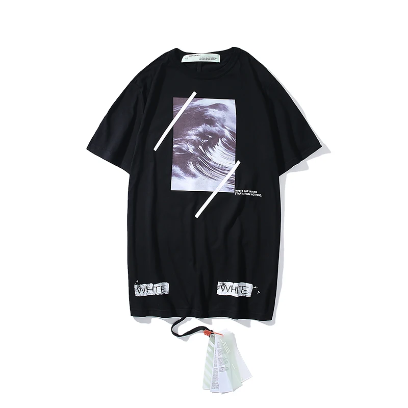 Морская волна косая полоска 19ss Off-White OW для мужчин/женщин, модные модели влюбленных пар, хлопковая Повседневная футболка с коротким рукавом и круглым вырезом - Цвет: Black