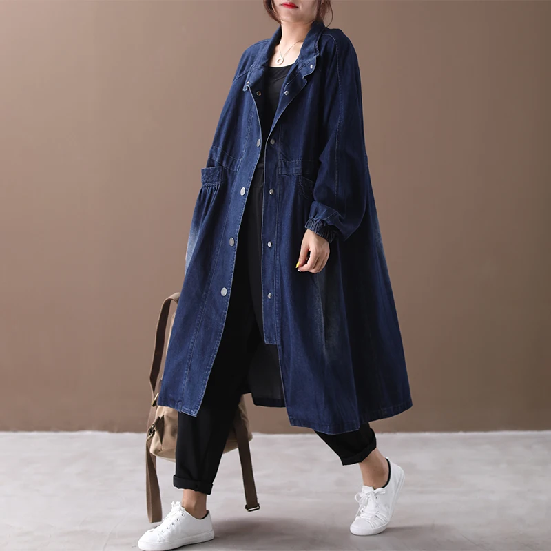 

2019 female new autumn korean style plus size outerwear Literary single-breasted washed fold loose denim trench