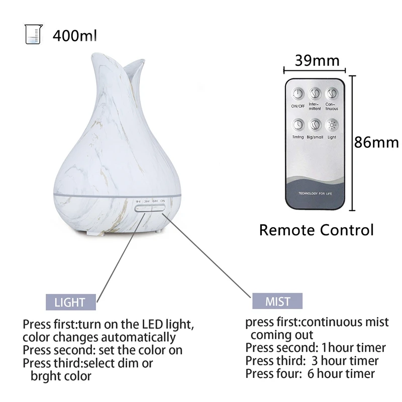400ML Air Humidifier,Essential Oil Diffuser, Quiet 5-In-1 Humidifier, Natural Home Fragrance Diffuser with 7 LED Color Changing