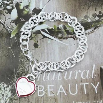 

1: 1 sterling silver 925 classic fashion red enamel heart shaped ladies bracelet jewelry holiday gift