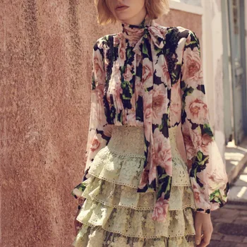 

Women Floral Print Chiffon Blouse Long Sleeve Bow Neck Casual Blouse Tops