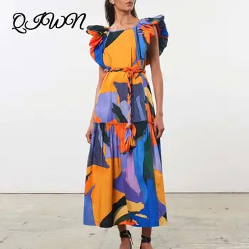

Elegat Print Dresses Female O Neck Sleeveless Patchwork Ruffles High Waist Lace Up Hit Color Summer Dress Women New Design 2020